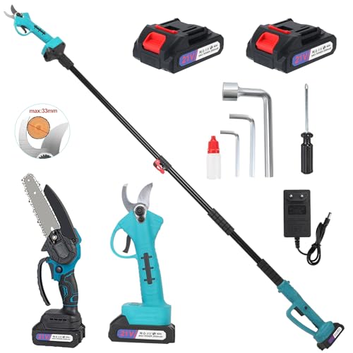 Akku Teleskop Hochentaster,6 Zoll Mini Kettensäge mit 2X 2,0Ah Akku,2-In-1 Bürstenlose Teleskop Kettensäge Astschere mit Teleskopstiel,bis zu 1.7m Arbeitslänge Elektrische Gartenschere von CHGBOSTH