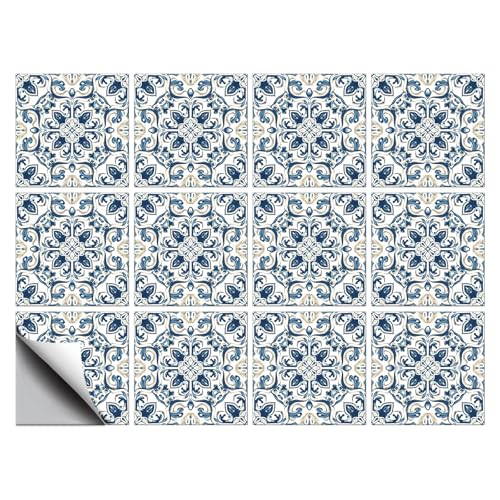 CHGCRAFT 12 Stück Blaue Retro Muster Fliese Aufkleber Vintage Peel und Stick Wandfliese Aufkleber wasserdicht selbstklebend Stick auf Fliese Aufkleber für Küche Bad Wandkunst Dekor, 8×8 Zoll von CHGCRAFT