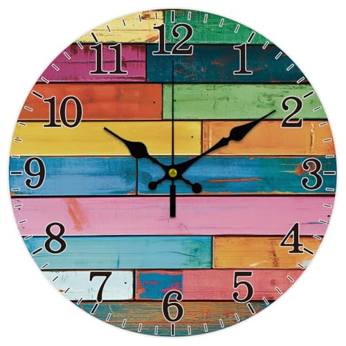 CHGCRAFT 12 Zoll Wanduhr Mit Regenbogenbrettmuster Batteriebetrieben Geräuschlos Nicht Tickend Runde Dekorative Uhr von CHGCRAFT