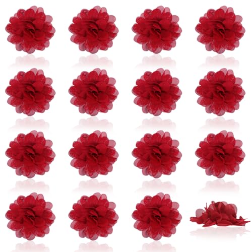CHGCRAFT 16 Stück Chiffon Blume Rot Stoff Blumen flach zurück Nähen Stoff Applikationen für Kleidung Handwerk Frauen Mädchen DIY Stirnband dekorative Hochzeit Blumen, 2.95×1.14 Zoll von CHGCRAFT