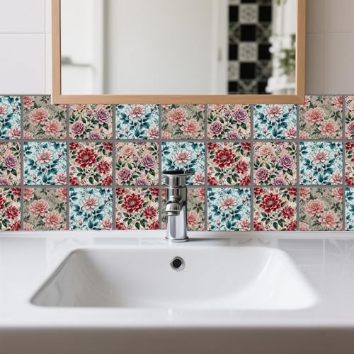 CHGCRAFT 36 Stück 4 Stil Fliesenaufkleber Marmor Magnolie Abziehen und Aufkleben Wandfliesen Aufkleber Pfingstrose Bunte Blumen Wasserdicht Selbstklebend für Küche Bad Wandkunst Dekor, 4×4 Zoll von CHGCRAFT