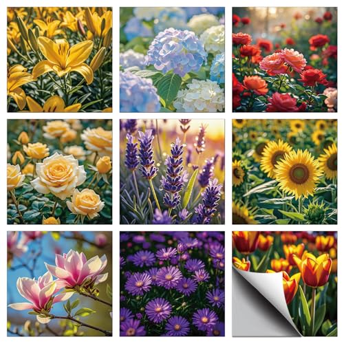 CHGCRAFT 36 Stück 9 Stil Alle Arten von Blumen Muster Fliese Aufkleber Rosen Sonnenblumen Wandfliesenaufkleber Wasserdicht Selbstklebend Stick auf Abziehbilder für Küche Bad Wandkunst 4×4 Zoll von CHGCRAFT