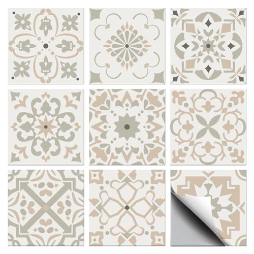 CHGCRAFT 36 Stück 9 Stil Fliesenaufkleber Marokkanischer Stil Patten Abziehen und Aufkleben Wandfliesenaufkleber Geometrische Blumen in Beige Wasserdicht Selbstklebend für Dekor 4×4 Zoll von CHGCRAFT