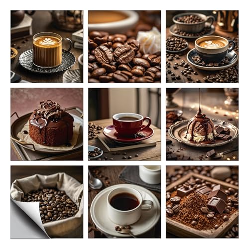 CHGCRAFT 36 Stück 9 Stil Kaffee Muster Fliesenaufkleber Kaffeebohnenmuster Wandfliesenaufkleber Wasserdicht Selbstklebend auf Fliesenabziehbilder für Küche Bad Wandkunst 4×4 Zoll von CHGCRAFT