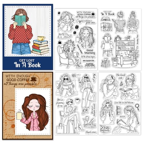 CHGCRAFT 4 Blätter 4 Stil Frauen Klare Stempel Lesen Transparente Stempel Tägliche Silikon Klarsicht Siegel für DIY Scrapbooking Fotoalbum Dekoration, 4,3×6,3 Zoll von CHGCRAFT