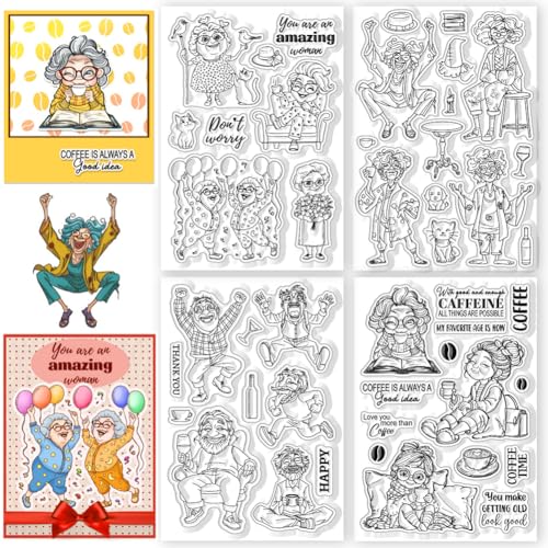 CHGCRAFT 4 Blatt 4 Stil Retro Witzig Oma Stil Klare Stempel Lustiger alter Mann Silikonstempel Siegel für DIY Scrapbooking und Kartenherstellung Papier Handwerk Dekor 6,3×4,3 Zoll von CHGCRAFT