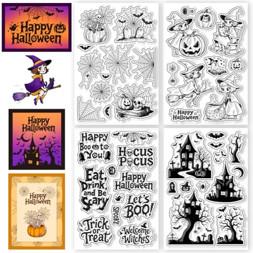 CHGCRAFT 4 Blatt Halloween Elemente Klare Stempel Hexe Transparenter Stempel Halloween Text Klare Siegel für DIY Scrapbooking Journaling Fotoalbum Dekorative Kartenherstellung von CHGCRAFT