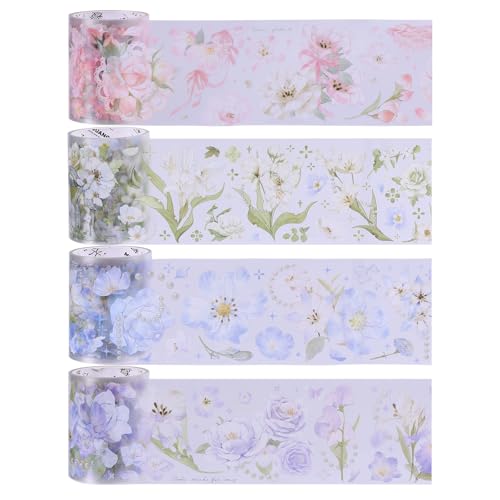 CHGCRAFT 4 Rollen 4 Stil Blumendekoratives Klebeband 50mm Breit Floral Bedrucktes Masking Tape PET Dekorative Aufkleber Selbstklebend für DIY Scrapbooking, 8M, Vier Jahreszeiten Blumen von CHGCRAFT