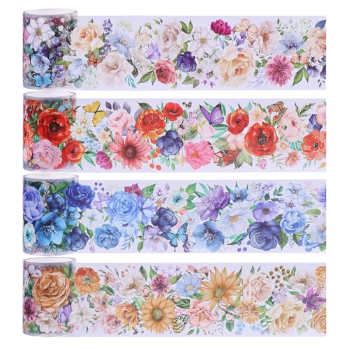 CHGCRAFT 4 Rollen 4 Stil Blumendekoratives Klebeband Floral Bedrucktes Masking Tape 50mm Breit PET Dekorative Aufkleber Selbstklebend für DIY Scrapbooking, 8M, Wald Blütezeit von CHGCRAFT