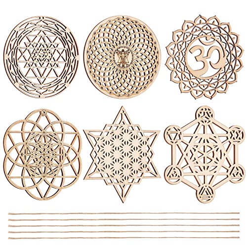 CHGCRAFT 6 Sets 6 Stil 3,96 Zoll Heilige Geometrie Wandkunst Set Meditation Chakra Holz Wandskulptur Blume Des Lebens Mandala Holz Kristallgitterplatte Für Yoga Meditationsraum Heimdekoration von CHGCRAFT