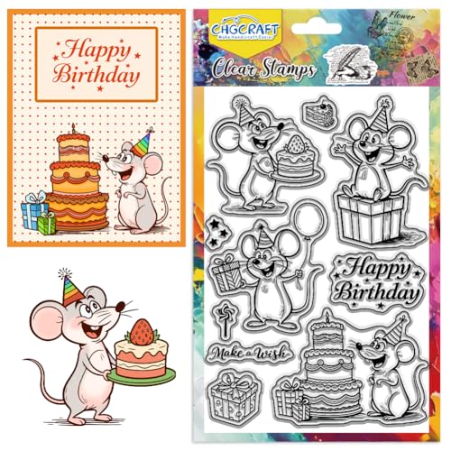 CHGCRAFT Alles Gute zum Geburtstag Klare Stempel Niedliche Maus Transparente Stempel Geschenk Kuchen Silikon Klar Siegel für DIY Scrapbooking Fotoalbum Dekoration, 4,3×6,3 Zoll von CHGCRAFT