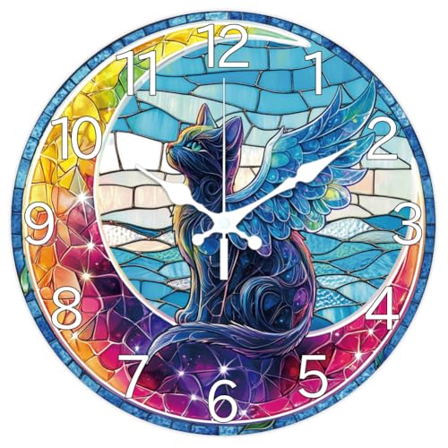 CHGCRAFT Farbig Bemaltes Glasmuster Wanduhr 12 Zoll Nicht Tickend Katze Uhren Runde Mond Wanduhr Hängend Batteriebetrieben für Schlafzimmer Wohnzimmer Küche Büro von CHGCRAFT