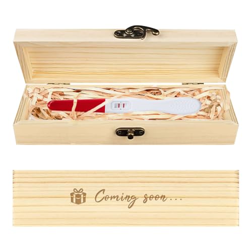 CHGCRAFT Geschenk Muster Schwangerschaftstest Souvenir Box Hölzerne Schwangerschaft Ankündigung Keepsake Box mit Raffia Ribbon und Schloss Ankündigung Geschenke für Papa Ehemann, 8x2x1,2 Zoll von CHGCRAFT