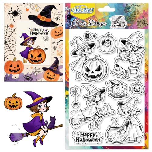 CHGCRAFT Halloween Gespenst Klare Stempel Niedliche Hexe Transparente Stempel Kürbis Klare Silikon Stempeldichtungen für Carding Making DIY Scrapbooking Fotoalbum Dekoration, 4,3x6,3 Zoll von CHGCRAFT