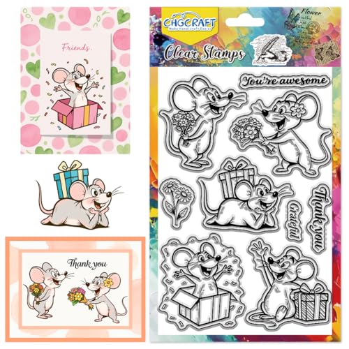 CHGCRAFT Lustige Maus Briefmarken Klare Stempel Wörter Thank You Transparente Stempel Blumen Silikondichtungen für DIY Scrapbooking Fotoalbum Dekoration, 4,3×6,3 Zoll von CHGCRAFT