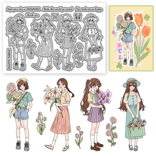 CHGCRAFT Mädchen und Blumen Stil Klar Stempel Sonnenblumen und Schmetterlinge Silikonstempel für DIY-Scrapbooking und Kartenherstellung Papierbastel-Dekoration 6,3×4,3 Zoll von CHGCRAFT