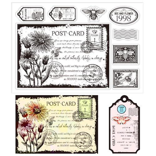 CHGCRAFT Postkarte Transparente Stempel Blume Mit Biene Silikonstempel Bienenhintergrund Transparente Stempel Für Kartenherstellung DIY Scrapbooking Fotoalbum Dekoration 5.83x8.23 Zoll von CHGCRAFT