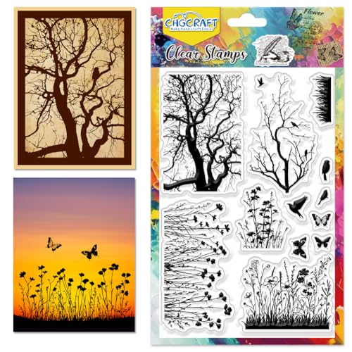 CHGCRAFT Realistische Wildblumen Clear Stamps Zweige Silhouetten Schmetterling Silikon Gras Unkraut Transparenter Stempel Silikon Stempel Siegel für DIY Scrapbooking von CHGCRAFT