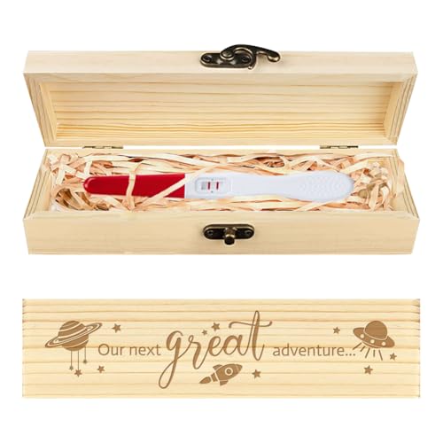 CHGCRAFT Schwangerschaft Test Keepsake Box Planet Star Rocket hölzerne Schwangerschaft Ankündigung Geschenke Box mit Raffia Band und Schloss Ankündigung Geschenke für Papa Ehemann, 8x2x1,2 Zoll von CHGCRAFT