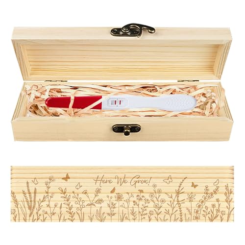 CHGCRAFT Schwangerschaft Test Keepsake Box Wildblumen Pflanzen Hölzerne Schwangerschaft Ankündigung Geschenke Box mit Raffia Ribbon und Schloss Ankündigung Geschenke für Papa Ehemann, 8x2x1,2 Zoll von CHGCRAFT