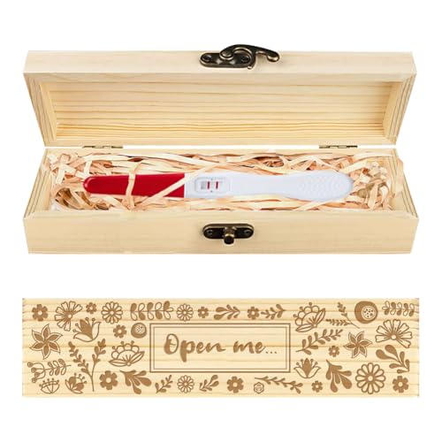 CHGCRAFT Schwangerschaftstest Keepsake Box Künstlerische Blumen Hölzerne Schwangerschaftsankündigung Geschenke Box mit Raffia Band und Schloss Ankündigung Geschenke für Papa Ehemann, 8x2x1.2 Zoll von CHGCRAFT