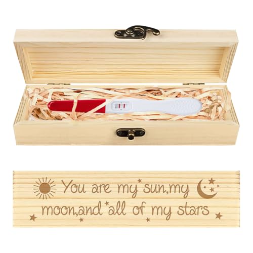 CHGCRAFT Schwangerschaftstest Keepsake Box Sonne Mond Stern Holz Schwangerschaft Ankündigung Geschenke Box mit Raffia Ribbon und Schloss Ankündigung Geschenke für Papa Ehemann, 8x2x1.2 Zoll von CHGCRAFT