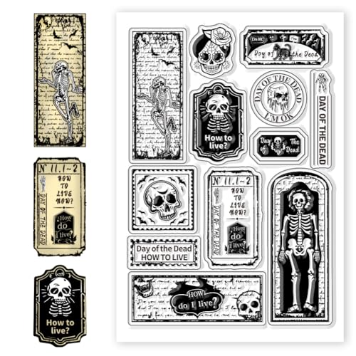 CHGCRAFT Transparente Stempel Mit Totenkopf Motiv Silikonstempel „Tag Der Toten“ Skelett Transparente Silikonstempel Für Heimwerker Scrapbooking Zubehör Kartenalbum Dekoration Prägung Papierbasteln von CHGCRAFT
