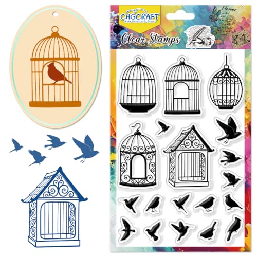 CHGCRAFT Vogelkäfig Muster Klare Stempel Vogel Silhouette Transparentes Prägestempel Silikon Siegel für DIY Scrapbooking und Kartenherstellung Papier Handwerk Dekor 6,3×4,3 Zoll von CHGCRAFT