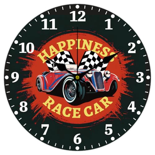 CHGCRAFT Wanduhr Im Vintage Stil Mit Rennwagen 12 Zoll Batteriebetrieben Wanduhr Mit Rennflagge Nicht Tickend Geräuschlos Dekorative Uhr von CHGCRAFT