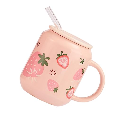 CHICAMPERA 1Stück Stylischer Keramik Milchbecher mit Deckel für Zuhause und Praktischer Trinkbecher Erdbeerpink für Milch Saft und Wasser von CHICAMPERA