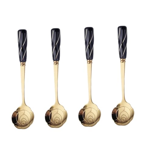 CHICAMPERA 4 Stück Kaffeelöffel mit Edelstahl Blütenlöffelkopf und Ergonomischem Keramikgriff Vielseitiger Edelstahl Multipurpose Löffel für Kaffee Dessert und Eis Schwarz Goldene Rosenoptik von CHICAMPERA