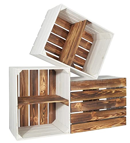 CHICCIE 3 Set Holzkiste Grete Geflammt Weiß 50x40x30cm - Kurzes Regal Weinkiste von CHICCIE