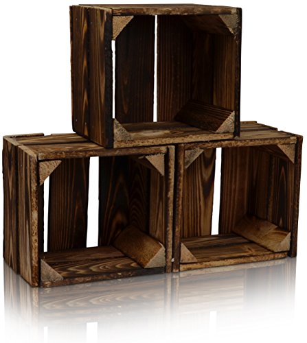 CHICCIE 3 Set Holzkiste im Vintage Look geflammt dunkel 22x20x15cm - Obstkiste von CHICCIE