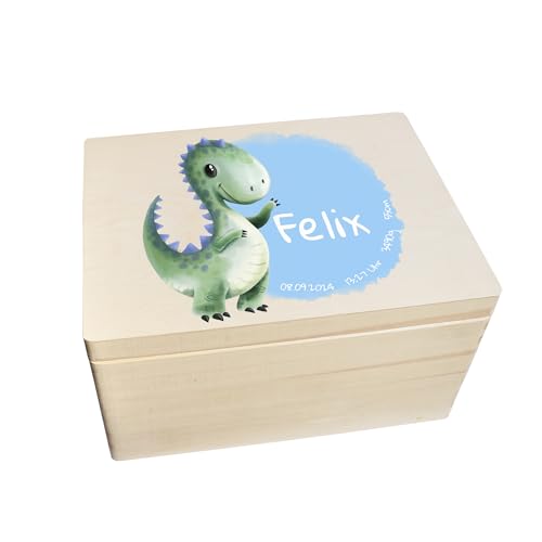 CHICCIE Erinnerungsbox personalisiert für Baby & Kind mit Aquarell Druck farbig Dino - Geburt Holzkiste für schöne Erinnerungen - Holz-Box Erinnerungskiste 40x30x23cm von CHICCIE
