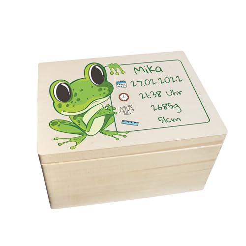 CHICCIE Erinnerungsbox personalisiert für Baby & Kind mit Druck farbig Frosch - Geburt Holzkiste für schöne Erinnerungen - Holz-Box Erinnerungskiste 40x30x23cm von CHICCIE
