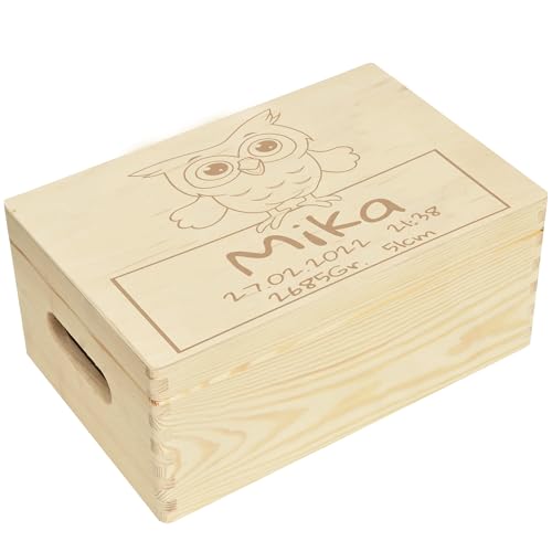 CHICCIE Erinnerungsbox personalisiert für Baby & Kind mit Eule Gravur - Geburt Holzkiste für schöne Erinnerungen - Holz-Box Erinnerungskiste 30x20x14cm von CHICCIE