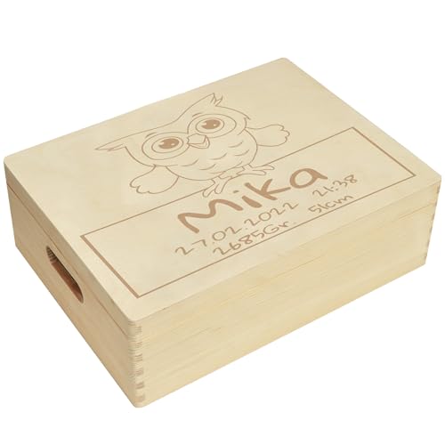 CHICCIE Erinnerungsbox personalisiert für Baby & Kind mit Eule Gravur - Geburt Holzkiste für schöne Erinnerungen - Holz-Box Erinnerungskiste 40x30x14cm von CHICCIE