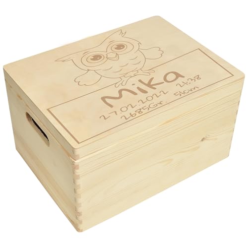 CHICCIE Erinnerungsbox personalisiert für Baby & Kind mit Eule Gravur - Geburt Holzkiste für schöne Erinnerungen - Holz-Box Erinnerungskiste 40x30x23cm von CHICCIE