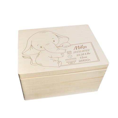 CHICCIE Erinnerungsbox personalisiert für Baby & Kind mit Gravur Elefant - Geburt Holzkiste für schöne Erinnerungen - Holz-Box Erinnerungskiste 40x30x23cm von CHICCIE