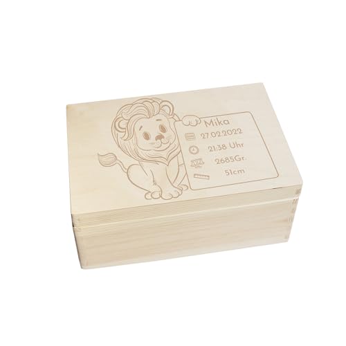 CHICCIE Erinnerungsbox personalisiert für Baby & Kind mit Löwe Gravur - Geburt Holzkiste für schöne Erinnerungen - Holz-Box Erinnerungskiste 30x20x14cm von CHICCIE