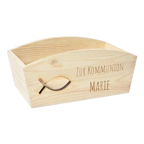 CHICCIE Geschenkkorb Personalisierbar Wunschtext mit Fisch 24x13x8cm Abgerundet Präsentkorb Holz Geschenkidee Holzkiste Taufe Kommunion Konfirmation von CHICCIE