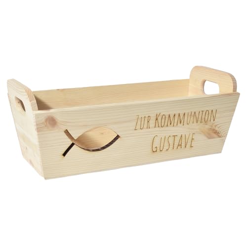 CHICCIE Geschenkkorb mit Henkeln Personalisierbar Wunschtext mit Fisch 35x11x13cm Präsentkorb Holz Geschenkidee Holzkiste Taufe Kommunion Konfirmation von CHICCIE