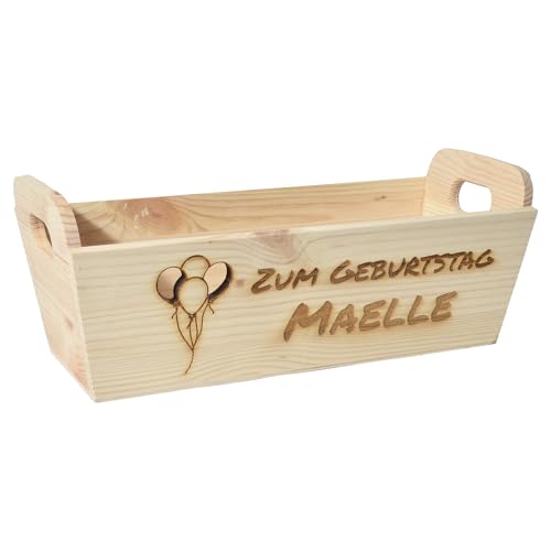 CHICCIE Geschenkkorb mit Henkeln Personalisierbar Wunschtext mit Luftballons 35x11x13cm Präsentkorb Holz Geschenkidee Holzkiste Geburtstag Glückwunsch Personalisierung von CHICCIE