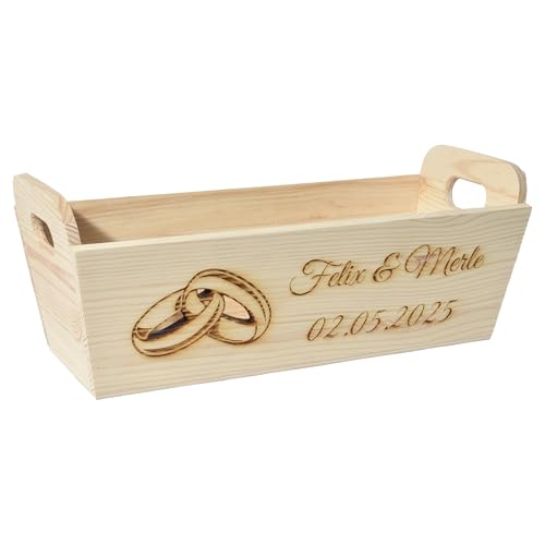 CHICCIE Geschenkkorb mit Henkeln Personalisierbar Wunschtext mit Ringen 35x11x13cm Präsentkorb Holz Geschenkidee Holzkiste Hochzeit Verlobung Personalisierung von CHICCIE