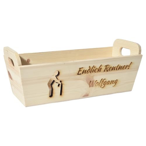 CHICCIE Geschenkkorb mit Henkeln Personalisierbar Wunschtext zum Ruhestand 35x11x13cm Präsentkorb Holz Geschenkidee Holzkiste Geburtstag Personalisierung von CHICCIE
