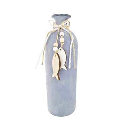CHICCIE Glasflasche m. Fischanhänger Holz Matt Blau 8.5x8.5x27cm - Maritime Deko von CHICCIE