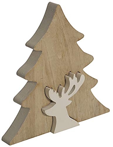 CHICCIE Hirsch Figur Weiß Aus Holz Mit Tannenbaum Braun 14cm - Hirschfigur Dekohirsch Rentierfigur Holzfigur von CHICCIE