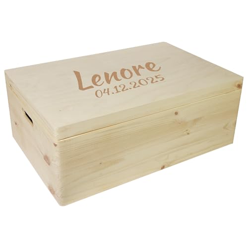 CHICCIE Holzbox Personalisiert mit Wunschtext Gravur 60x40x23cm Natur - Aufbewahrungsbox Spielbox Hochzeit Geburt Kinderzimmer Große Erinnerungsbox von CHICCIE