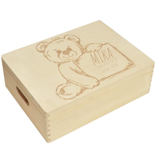 CHICCIE Erinnerungsbox personalisiert für Baby & Kind mit Gravur Teddy - Geburt Holzkiste für schöne Erinnerungen - Holz-Box Erinnerungskiste 40x30x14cm von CHICCIE