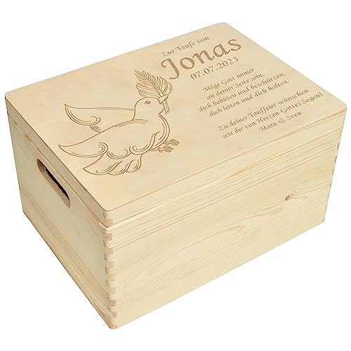 CHICCIE Holzbox Personalisiert zur Taufe Friedenstaube 40x30x23cm Natur Truhe von CHICCIE